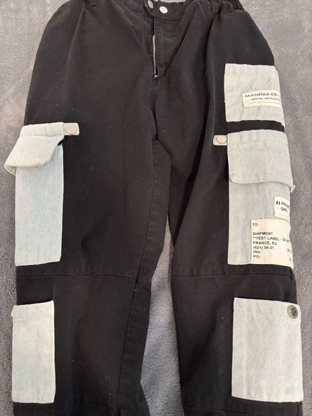 Black Cargo Pants with Light Denim Patch Details